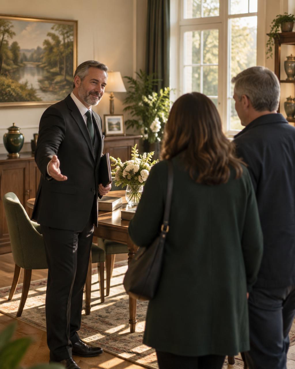 A funeral director warmly welcoming a family into a sunlit arrangement room