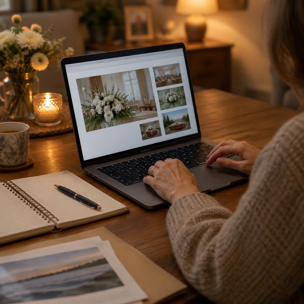 A family member arranging services online on a laptop at home