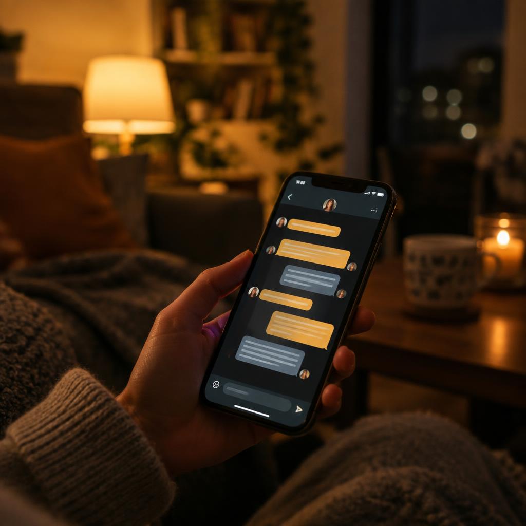 A hand holding a phone at night showing a warm chat conversation