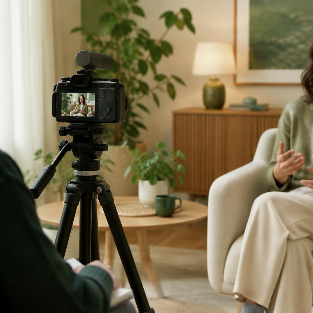A camera on a tripod filming a short interview video in a warm studio